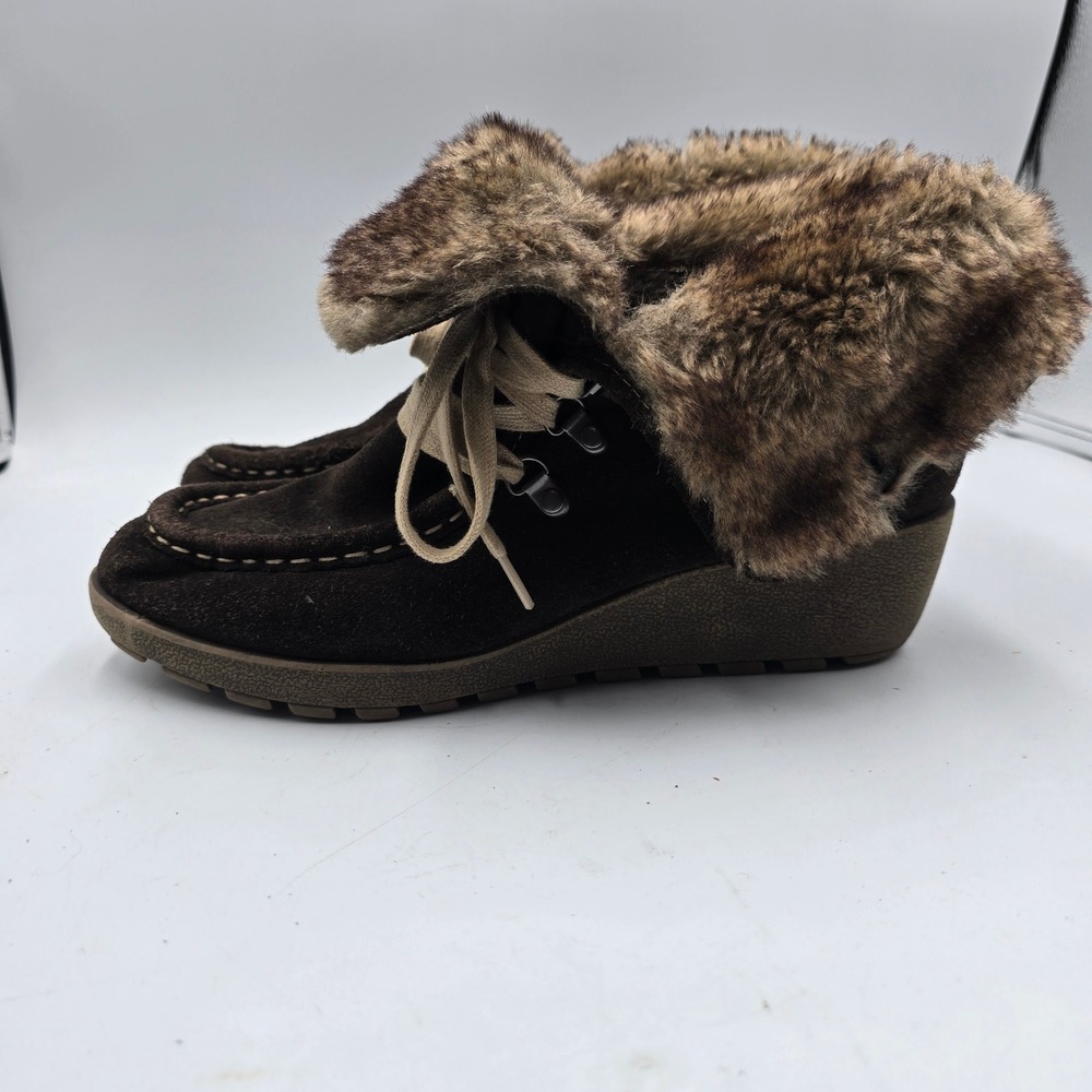s.Oliver Wedge Boots Womens 9 Brown Suede Faux Fur Trim Lace Up Moc Toe Ankle